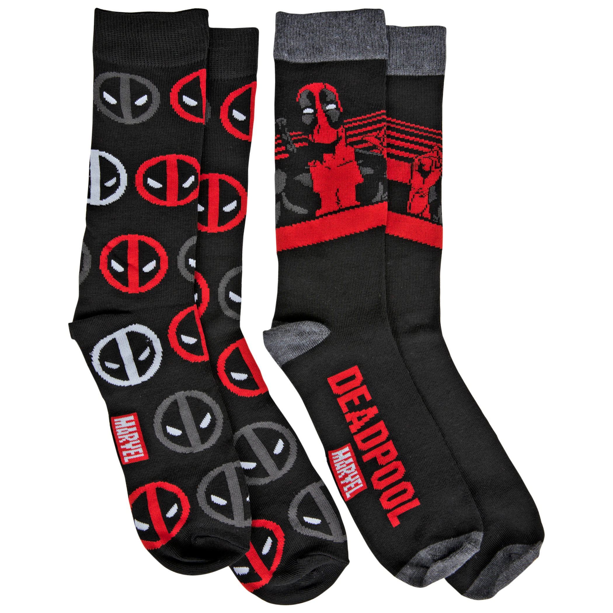 Deadpool Character and Repeating Logos 2-Pair Pack of Casual Crew Socks